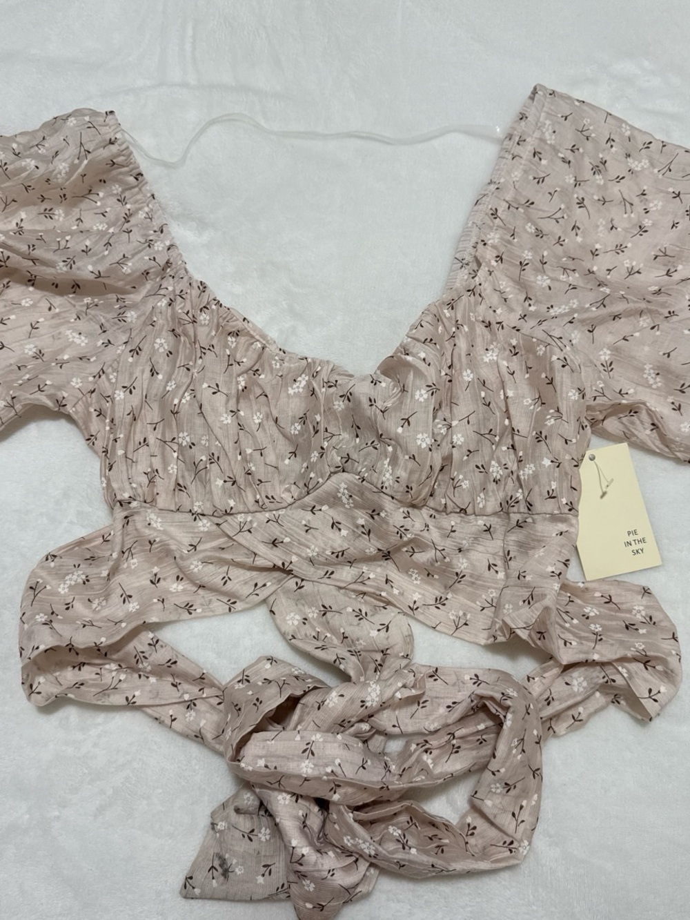 Petal-Print Beige Floral Tie-Front Crop Top